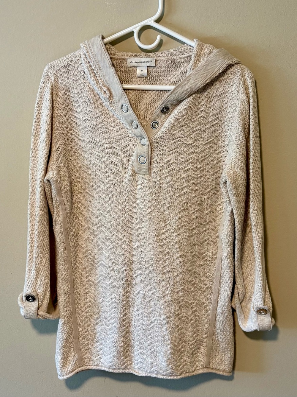 Christopher & Banks Beige Textured Henley Hoodie Sweater